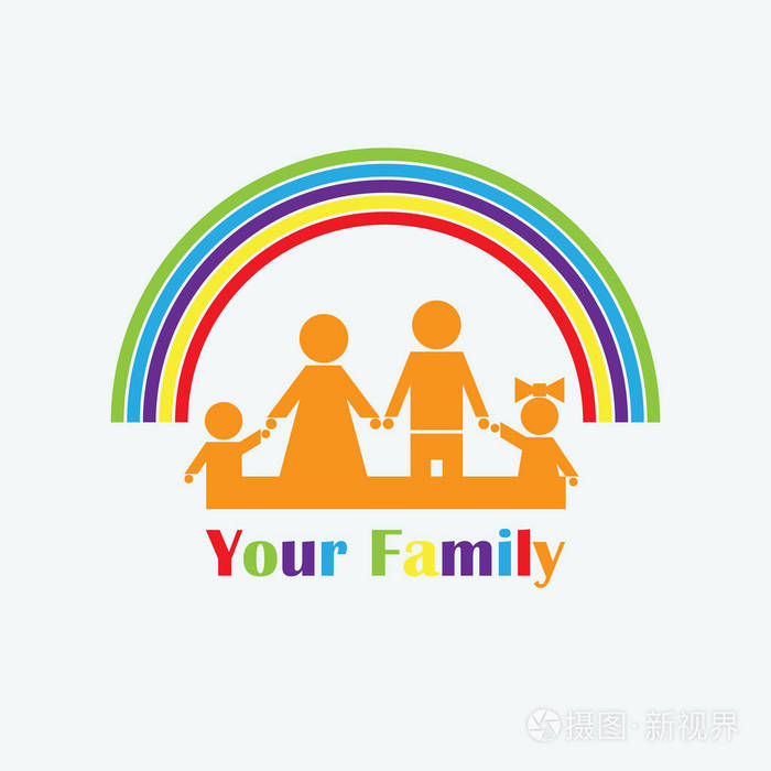 爸爸, 妈妈, 女儿, 儿子站在五彩斑斓的彩虹下
