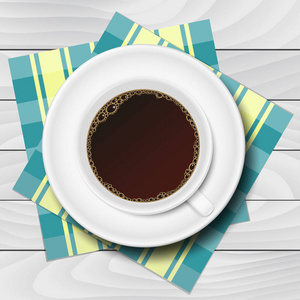杯咖啡与格子餐巾在白色木桌向量例证