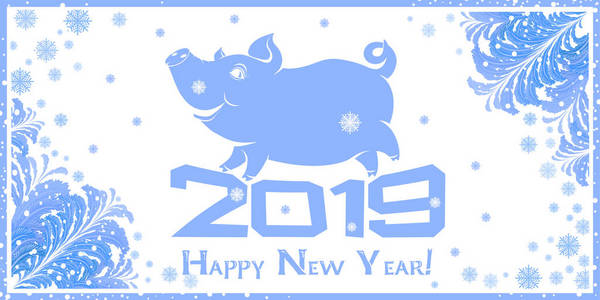 贺卡与欢快的小猪在题词 2019, 一个滑稽的形象, 一个完整的动物与雪花, 今年的象征在白色背景与冰冻冰模式