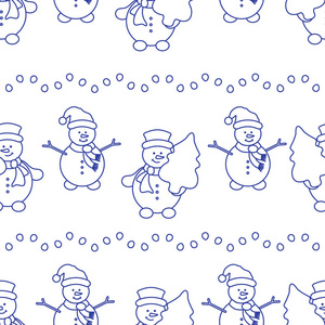 新年快乐2019和圣诞无缝模式。带雪人和圣诞树的矢量插图。包装, 织物, 印刷设计