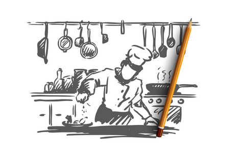 烹调, 厨师, 食物, 膳食概念。手绘隔离矢量