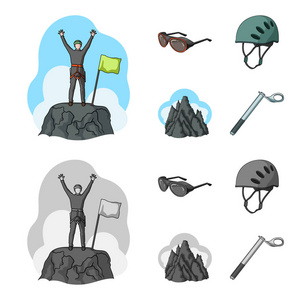 头盔, 护目镜, 楔形安全, 云中的山峰。登山集合图标在卡通, 单色风格矢量符号股票插画网站