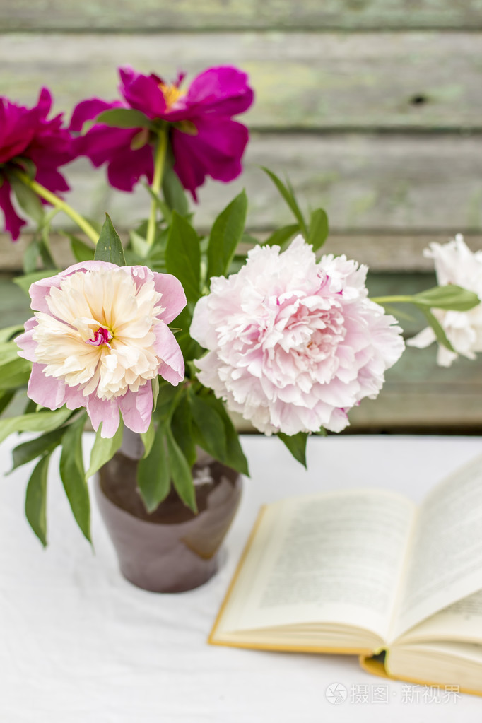 美丽的牡丹和打开的书在桌子上的花瓶覆盖机智