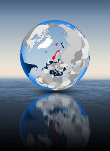 挪威在红色在地球漂浮在水中。3d 插图