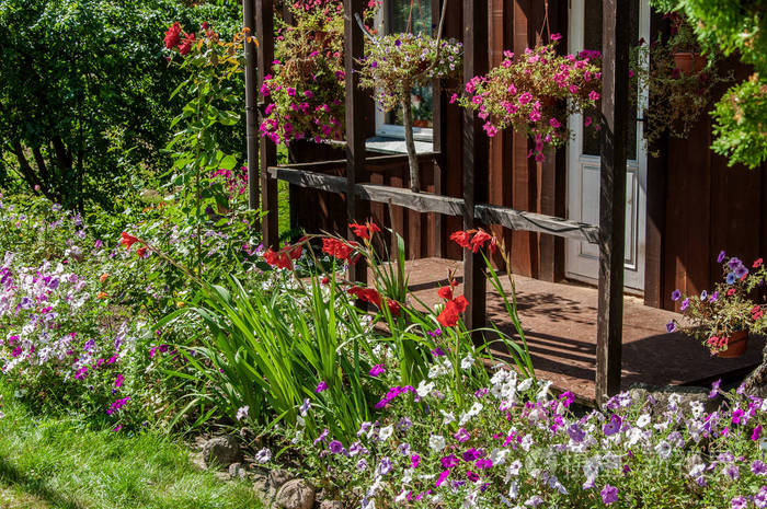美丽的露台与老房子的花朵