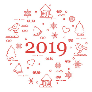 新年快乐2019卡。圣诞树, 小鸟, 房子, 姜饼, 铃铛, 星星, 心, 雪花