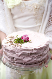 婚礼蛋糕在新娘的手中。特写