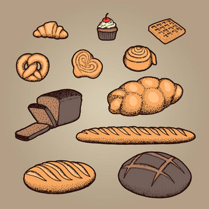不同的面包图标在灰色背景, 向量例证