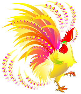 美丽的幻想只公鸡在白色背景上的插图照片