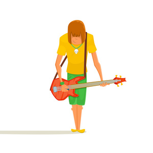 卡通低音吉他手。在低音的少女 guitaristplaying。矢量图的年轻人抱着低音电吉他