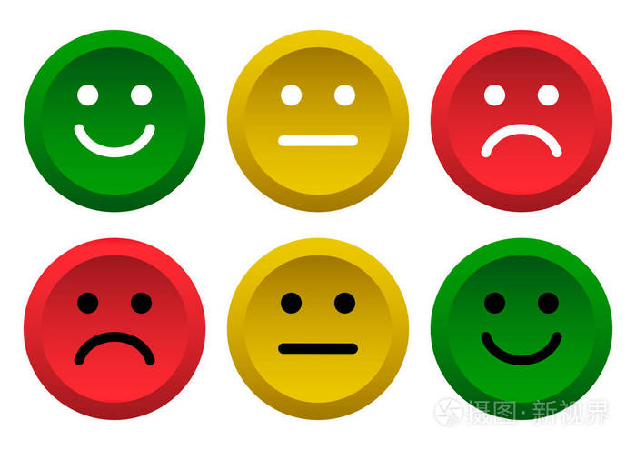 绿色, 黄色, 红色表情图释图标正面, 中性和阴性, 不同的心情.