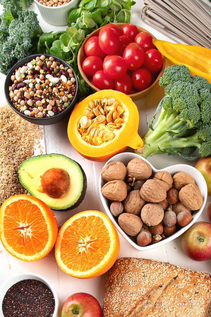 高纤维食物.健康均衡的节食理念.顶部视图