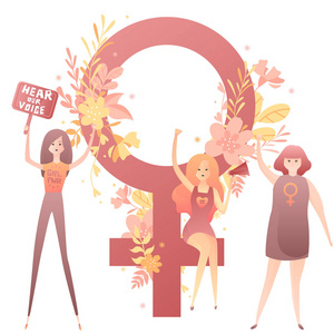 女权主义女孩争取妇女权利与横幅, 文本听到我们的声音, 女孩的力量