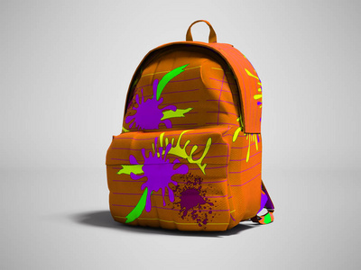 橙色书包背包与斑点右视图3d 渲染灰色背景与阴影