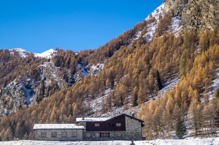 山上的房子在雪中