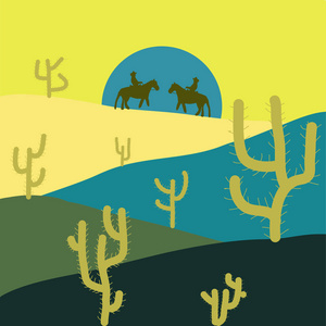 组成。矢量插图。景观上的黄色, 蓝色和绿色的颜色。日出时沙漠与沙丘景观