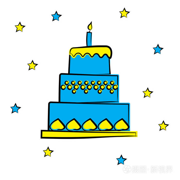 动画片生日蛋糕与蜡烛, 蓝色和黄色甜点和星, 向量例证