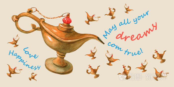 手的神奇阿拉丁盏水彩插图.淡黄色背景,设计 4