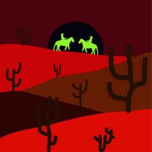 砂。红色, 棕色和黑色背景与仙人掌。矢量插图。沙漠
