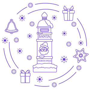 圣诞老人的信箱, 礼物, 铃铛, 姜饼, 星星, 雪花。新年和圣诞节符号。邮件愿望列表