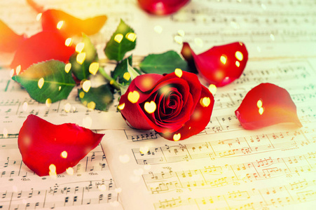 红色玫瑰花和音乐笔记纸。心散景复古色调