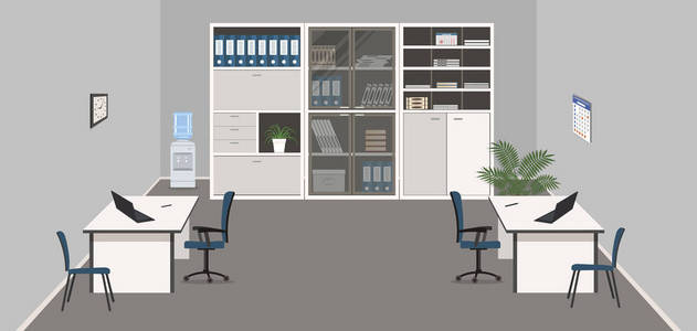 灰色办公室与白色家具。有书桌, 蓝色椅子, 文件柜, 水冷却器和花在图片。矢量插图