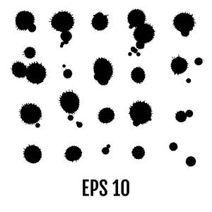 飞溅的集合。黑色飞溅在白色上被隔离。矢量插图