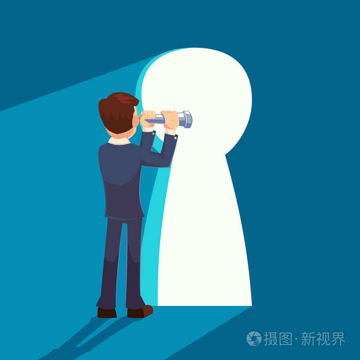 以更广阔的视角, 顶部可以是成功的关键商人站在大锁眼前, 领导力