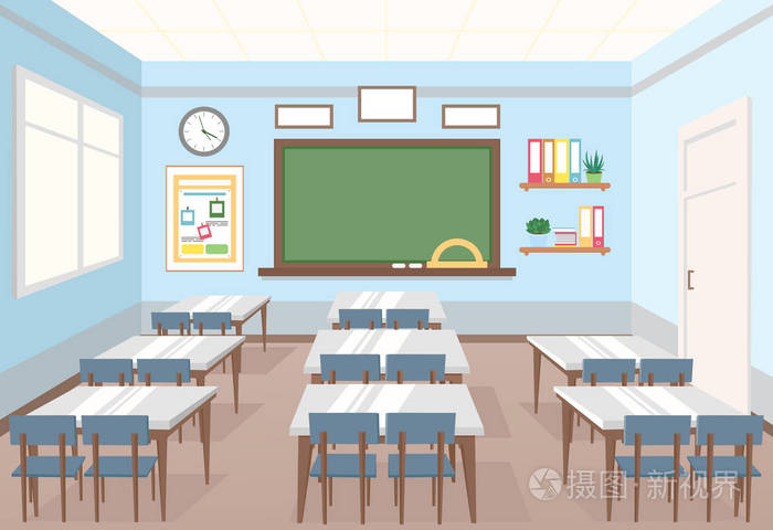 课堂教学的矢量例证.平面卡通风格的儿童用纸板和课桌的室内空内