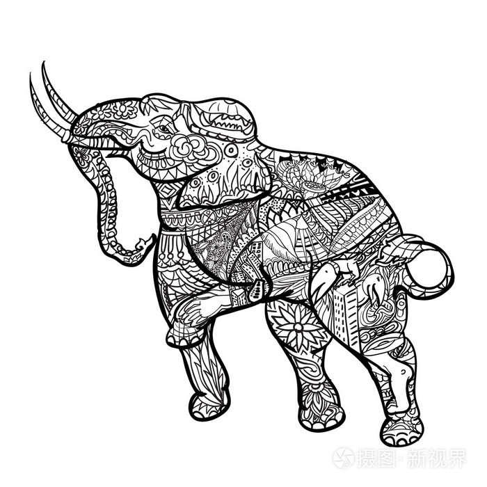 大象以典雅的装饰图案与张贴泰国传统艺术, 手绘风格.矢量插图