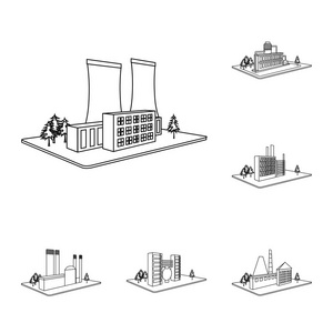 工厂和工厂轮廓图标集合中的设计。生产和企业向量等距符号库存 web 插图