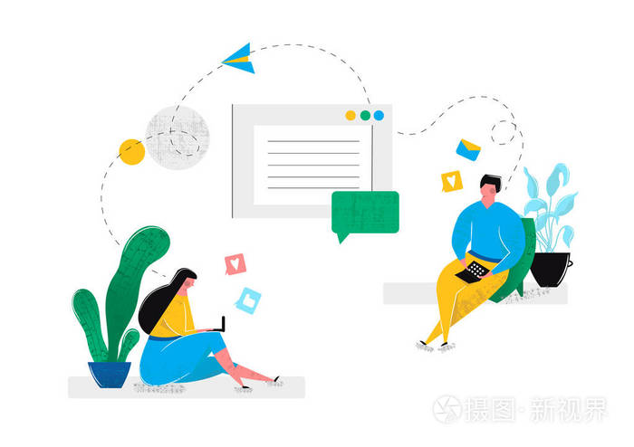 插画 网上虚拟人际关系在社交网络中交友聊天室在互联网上.