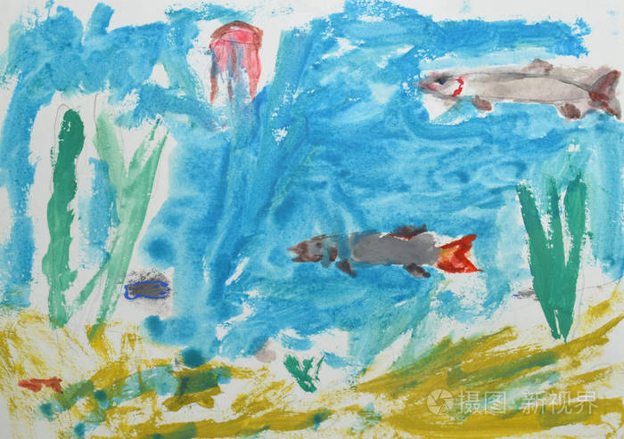 儿童图画: 水下世界, 鱼, 海藻.水彩画海洋概念