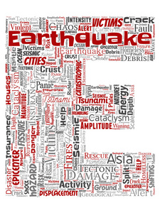矢量概念地震活动字母字体 E 红字云隔离背景。自然地震构造地壳颤抖猛烈海啸波风险构造板块转移概念的拼贴画