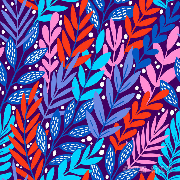 鲜艳的花卉热带叶子上抽象多彩的图案.矢量无缝背景.植物花自然壁纸