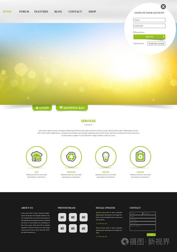 一页网站模板, 简洁干净的设计与模糊的头设计。矢量插图