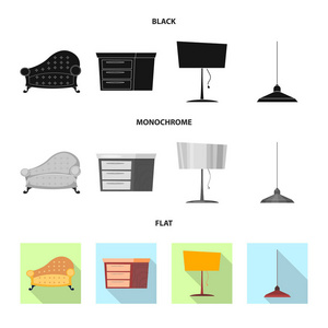 家具和公寓符号的孤立对象。一套家具和家庭股票符号的网站
