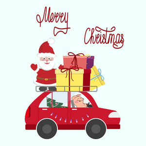 圣诞老人带着一只小猪在车上带着礼物和一棵圣诞树