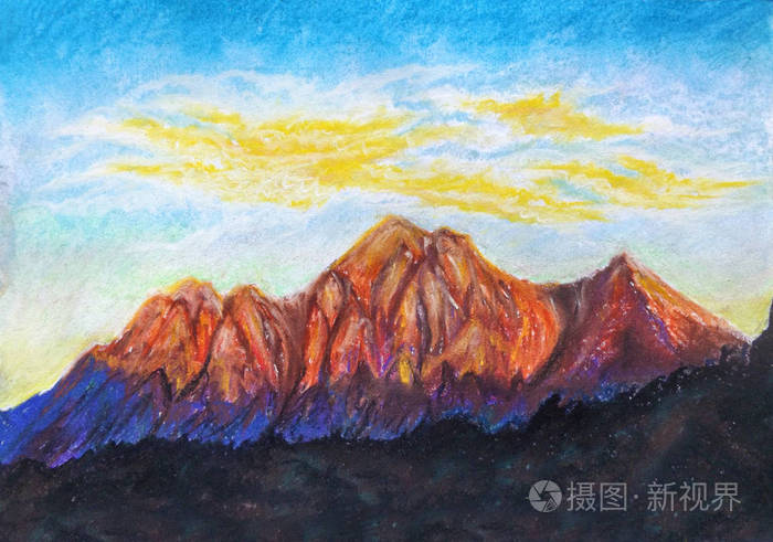 一座美丽的山景, 山上的落日照亮了落日的光芒.在纸上画粉彩