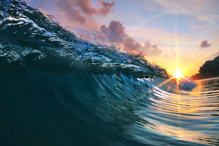 日落海滩美丽的海洋冲浪浪潮照片