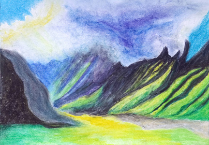 一个美丽的高山景观, 有多云的山脊和由太阳照亮的河谷。在纸上画粉彩