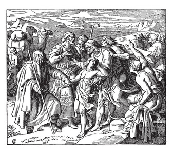 约瑟夫卖了他的兄弟, 这个场面显示小组人和一个人在中间举行男孩