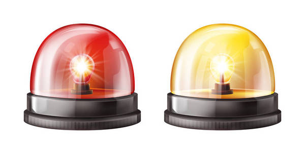 警笛灯矢量说明红色和黄色警报灯或警察和救护车紧急穴位。在白色透明背景上设置的隔离逼真3d 警报信标