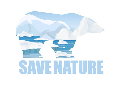 北极熊剪影和北极风景背景以文本保存自然.卡通平面式冰山照片