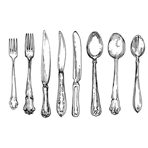 勺子, 叉子和刀厨房的东西银器古董手工绘制收集矢量插图墨迹草图