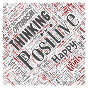 向量概念积极思考, 快乐强态度广场红字云背景下孤立。乐观的微笑, 信念, 勇敢的目标, 善良或幸福的灵感拼贴画
