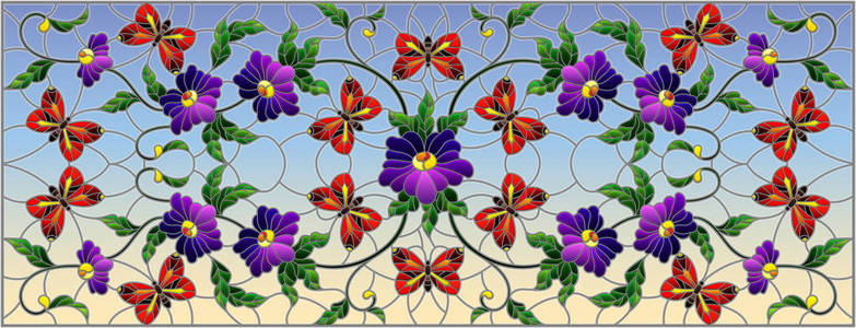 插图在彩色玻璃风格与抽象的花粉红色的花朵和紫色的蝴蝶在蓝色背景, 水平图像