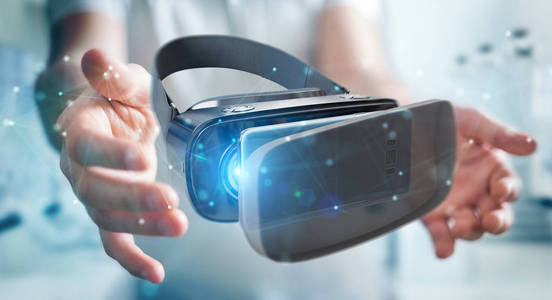商人在模糊的背景下使用虚拟现实眼镜技术3d 渲染