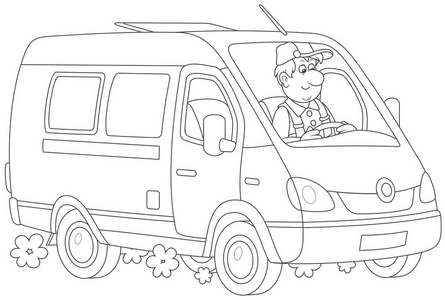 司机在他的快速送货车,黑白矢量插图的卡通风格照片