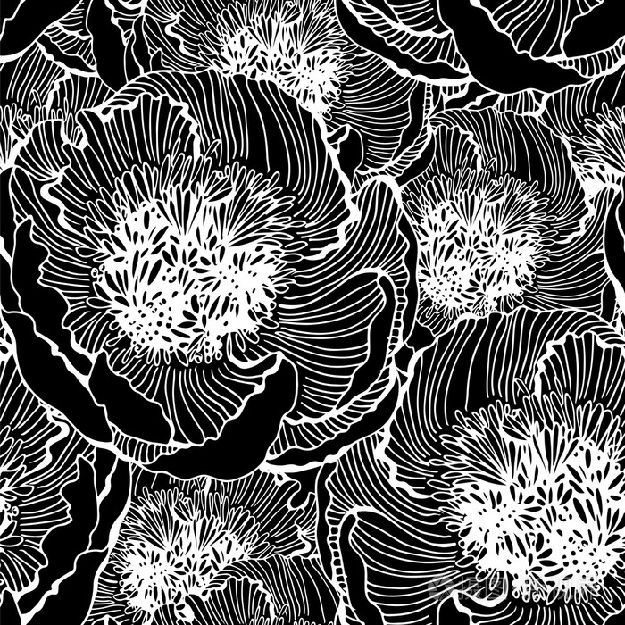 黑白矢量无缝图案与图形花ve